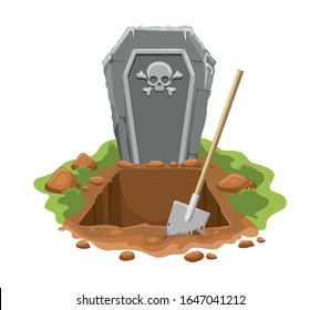 Cemetery digged grave hole. Vector burial graves ground with gravestone with skull and gravedigger shovel, headstone monument and digging dirt vector illustration svg