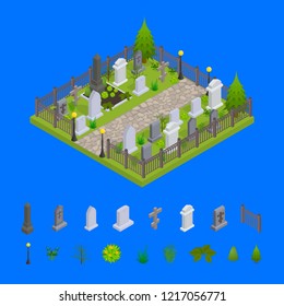 Cemetery and Elements Concept 3d Isometric View Part of Map with Grave, Cross and Gravestone. Vector illustration of Graveyard and Tomb