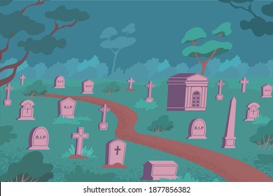 Cemetery flat composition with outdoor night landscape and stone graves on ground with grass and trees vector illustration