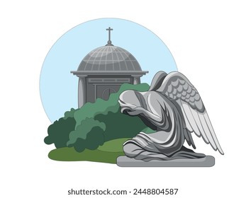 Cemetery. In the foreground is the figure of a weeping angel on his knees. The angel's wings are open. In the background there is a crypt behind the trees. Funeral and farewell to the deceased.