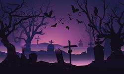 Cemetery In Forest. Halloween Background With Bats, Trees, Tombstones And Fireflies. Halloween Purple, Violet Template. Vector Illustration.