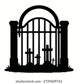 Cemetery gate with crosses representing memorial, remembrance, and spiritual reflection concept silhouette vector
