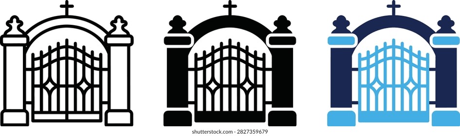 Cemetery gate vector outline and glyph icon for web and print design illustration.