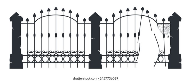 Cemetery gates. Halloween spooky haunted graveyard silhouette, creepy cemetery fence, horror halloween decorations flat vector illustration. Graveyard fence silhouette