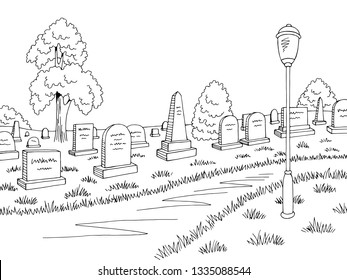 Cemetery graphic black white landscape sketch illustration vector