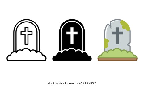 Cemetery grave marker icon collection in outline, solid, and flat styles featuring death, memorial, tombstone, burial, and mourning