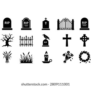 Cemetery Grave Tombstone Vector Icon Set Graphic Illustration Design