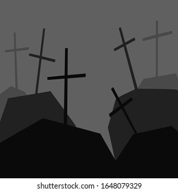 Cemetery with graves and crosses. Dark gray, black. A tragic, mourning atmosphere. Color flat vector illustration.