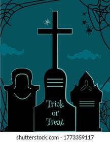 Cemetery with graves and crosses. Halloween greeting card. Gravestones illuminated by a mysterious green light. Spiders and creepy cobweb. Trendy vector template for discount flyer or party invitation