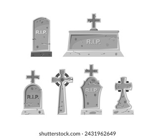 Cemetery graves and gravestones. Tombstone shape. Funeral elements rip cemetery. Vector illustration