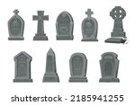 Cemetery graves and gravestones vector set of isolated cartoon graveyard tombstones and cemetery headstones. Grave crosses and tomb stone monuments with RIP or rest in peace memorial signs and skulls