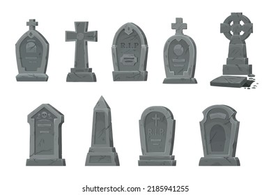 Cemetery graves and gravestones vector set of isolated cartoon graveyard tombstones and cemetery headstones. Grave crosses and tomb stone monuments with RIP or rest in peace memorial signs and skulls