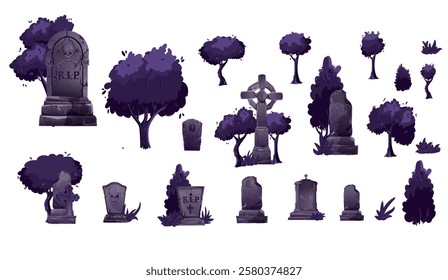 Cemetery graves and gravestones vector set of isolated cartoon graveyard tombstones and cemetery headstones.