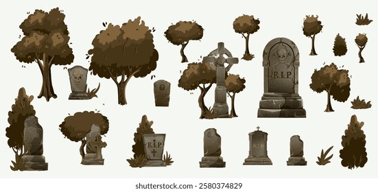 Cemetery graves and gravestones vector set of isolated cartoon graveyard tombstones and cemetery headstones.