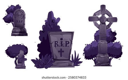 Cemetery graves and gravestones vector set of isolated cartoon graveyard tombstones and cemetery headstones.