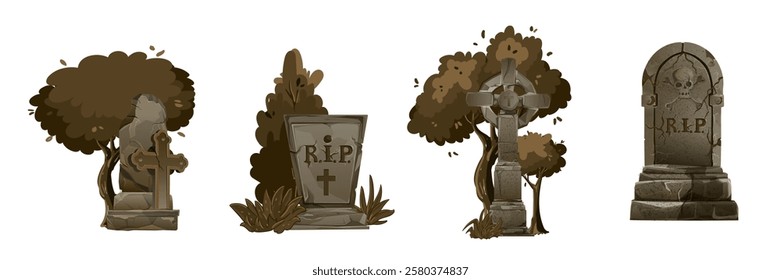 Cemetery graves and gravestones vector set of isolated cartoon graveyard tombstones and cemetery headstones.