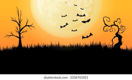 Cemetery with graves and overgrown trees and bats. in Halloween day for content online or web, banner and template , Flat cartoon flat style. illustration Vector EPS 10