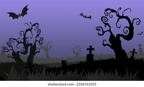 Cemetery with graves and overgrown trees and bats. in Halloween day for content online or web, banner and template , Flat cartoon flat style. illustration Vector EPS 10