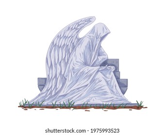 Cemetery gravestone with angel sculpture. Catholic tombstone and sitting statue with wings. Christian headstone of tomb in vintage style. Drawn colored vector illustration isolated on white background