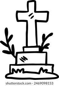 A cemetery gravestone with a cross on top of it. The gravestone is empty and has a broken leg