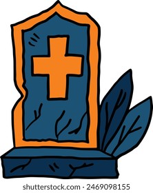 A cemetery gravestone with a cross on top of it. The gravestone is empty and has a broken leg