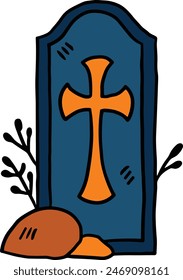 A cemetery gravestone with a cross on top of it. The gravestone is empty and has a broken leg