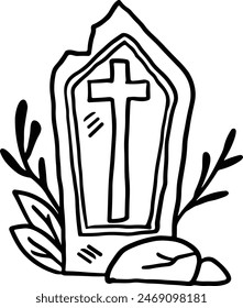 A cemetery gravestone with a cross on top of it. The gravestone is empty and has a broken leg