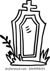 A cemetery gravestone with a cross on top of it. The gravestone is empty and has a broken leg