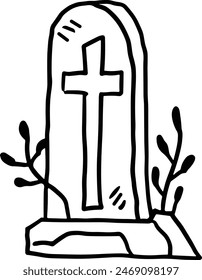 A cemetery gravestone with a cross on top of it. The gravestone is empty and has a broken leg