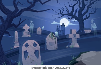 Cemetery gravestone halloween composition ancient cemetery at night ghosts float over the graves vector illustration