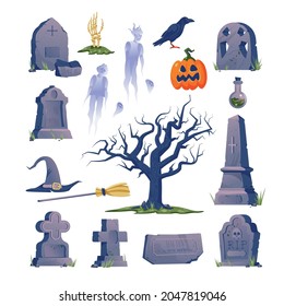 Cemetery Gravestone Halloween Icon Set With Creepy Ghost Tombstones And Halloween Attributes Vector Illustration