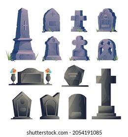 Cemetery gravestone icon set tombstones old and new in different sizes and colors with flower beds vector illustration