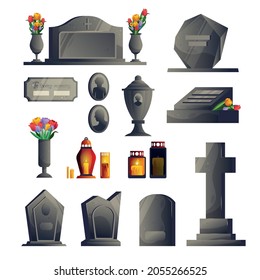 Cemetery gravestone modern icon set gray gravestones of different sizes and shapes with and without flower beds and candlesticks vector illustration