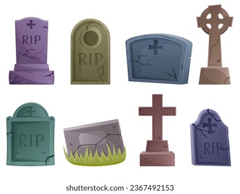 Cemetery gravestones collection, halloween decoration elements