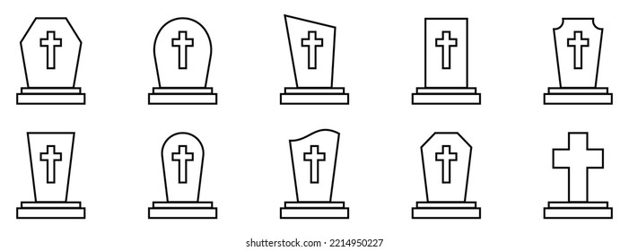 Cemetery gravestones. Set of linear icons of different tombstone. Vector illustration.
