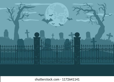 Cemetery or graveyard background. Silhouettes of gravestones, fence, moon etc. Color vector illustration for Halloween