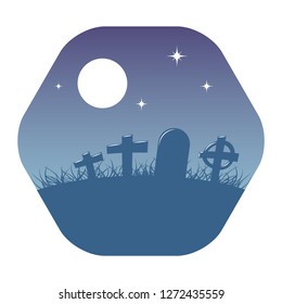 Cemetery or graveyard background with silhouettes of gravestones under full moon. Concept of horror, Halloween and death.