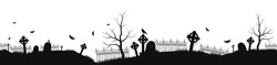 Cemetery Or Graveyard Dark Background. Silhouettes Of Tombstones And Tree.