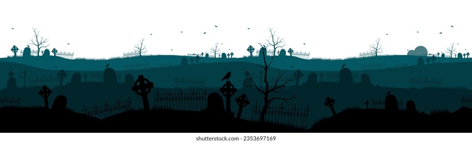 Cemetery or graveyard dark background. Silhouettes of tombstones and tree.