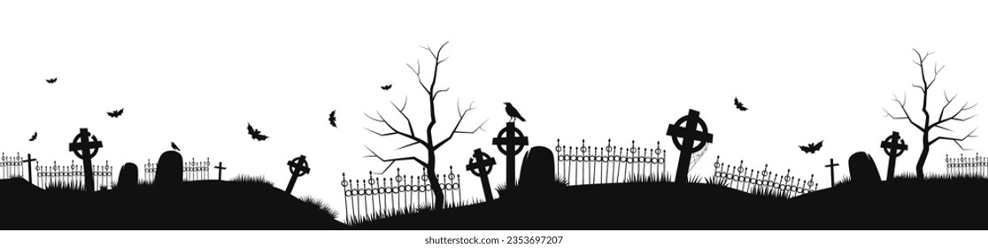 Friedhof oder Friedhof, dunkler Hintergrund. Silhouetten von Grabsteinen und Baum.