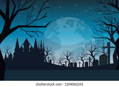 Cemetery Graveyard Grave Stone Night Full Moon Castle Dracula House Happy Halloween Concept Horizontal Flat Vector Illustration