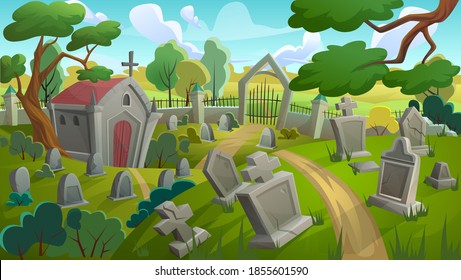 Cemetery graveyard landscape vector illustration. Cartoon summer day panorama scenery with old memorial tombstones, crypt among grass lawn and trees, gate to stone grave yard with fence background