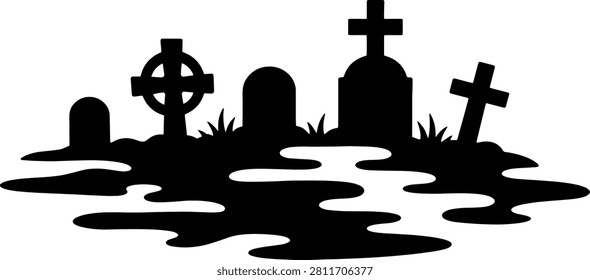Cemetery graveyard scene featuring various tombstones crosses and grass silhouettes perfect for spooky halloween designs dark fantasy landscape elements and horror themed illustrations