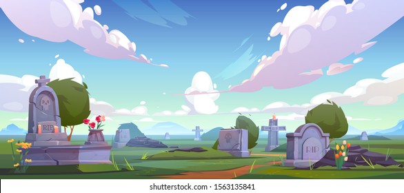 Cemetery, graveyard with tombstones, cracked crosses with rip signature, extinguished candles and flowers. Old and fresh creepy grave tombs on green grass at day time. Cartoon vector illustration