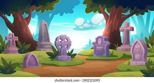 Friedhof, Friedhof mit Grabsteinen im Wald mit Bäumen um, geknackte Kreuze, Denkmäler mit Rippensignatur. Alte Grabgräber auf grünem Feld mit Gras zur Tageszeit. Cartoon-Vektorgrafik