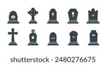 Cemetery graveyard tombstones and gravestones with RIP and cross, vector icons. Grave headstone or tombstone memorial with gothic cross, funeral grave burial or Christian cemetery monument silhouettes