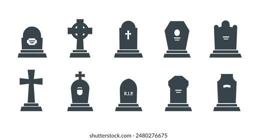 Cemetery graveyard tombstones and gravestones with RIP and cross, vector icons. Grave headstone or tombstone memorial with gothic cross, funeral grave burial or Christian cemetery monument silhouettes