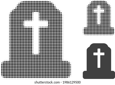 Cemetery halftone dotted icon. Halftone array contains circle pixels. Vector illustration of cemetery icon on a white background.