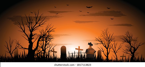 Cemetery Halloween backgroud with creepy trees and tombstone