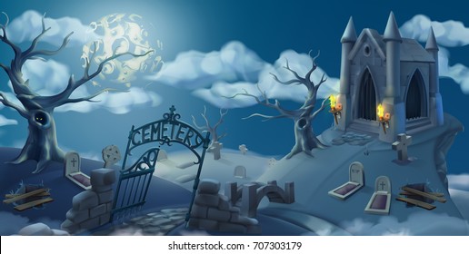 Cemetery, halloween background. Cartoon landscape panorama, 3d vector graphics